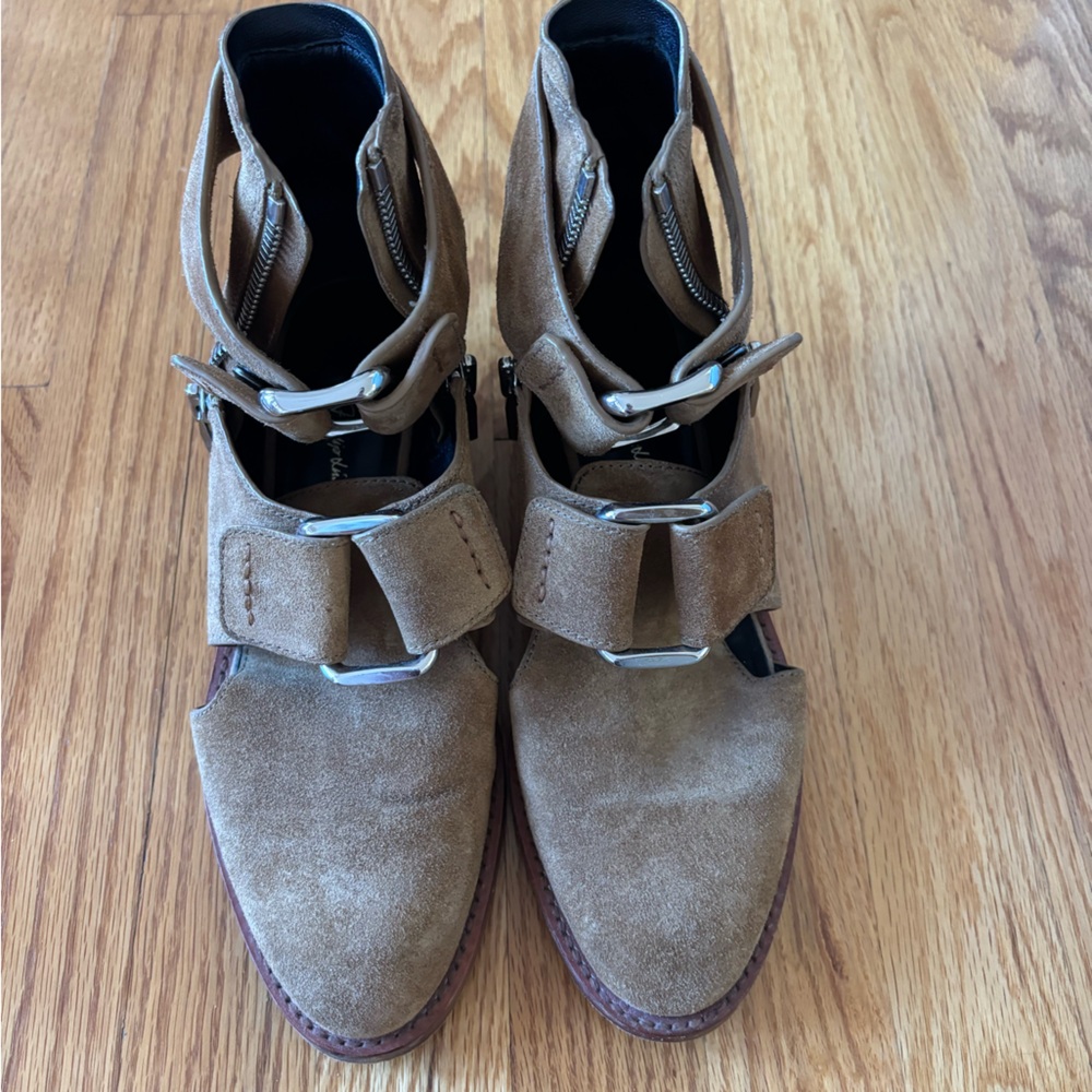 Women's Tan Suede Ankle Boots with Buckle
